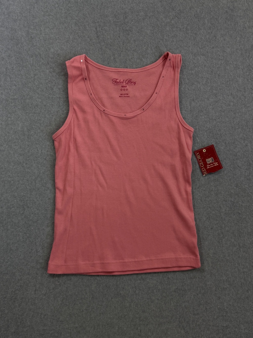 2005 Y2K New Faded Glory White Ribbed Rhinestone Pink Tank Top Size Medium